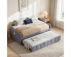 Bedbank - Uitschuifbed 2x 90x200 cm - Slaapbank met zijzakken - Daybed - Fluwelen bed - Gecapitonneerd - Grijs