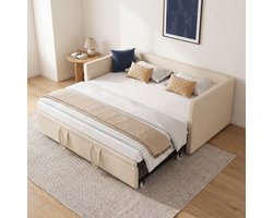 Bedbank - Uitschuifbed - Slaapbank - Daybed 90/180x200 cm - Fluwelen bed - Beige