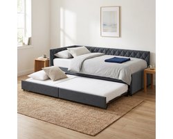 Bedbank - Uitschuifbed - Slaapbank - Daybed - 90x200 cm - Fluwelen bed - Hout en metaal - Gecapitonneerd - Grijs