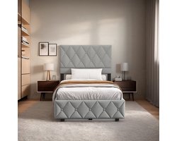 Bedboxspring – Boxspringbed – Gestoffeerd Bed – Tweepersoonsbed – Boxspringbed Met Opbergruimte – 180x200 cm – Hydraulische Lift – Luxe Lichtgrijze Velvet