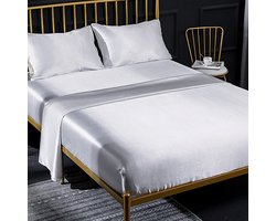 Beddelakenset Effen Satijn 160 x 200 cm Wit, voor Matrassen tot 35 cm Lakens Set met Laken, Hoeslaken, 2 Kussenslopen