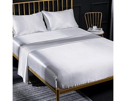 Beddelakenset Effen Satijn 180 x 200 cm Wit, voor Matrassen tot 35 cm Lakens Set met Laken, Hoeslaken, 2 Kussenslopen