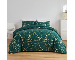 Beddengoed, 135 x 200 cm, 2-delig, 1 x dekbedovertrek 135 x 200 cm en 1 x kussensloop 80 x 80 cm, microvezel, retro, donkergroen, goud, marmerpatroon, voor dames en heren, eenpersoonsbed, romantisch