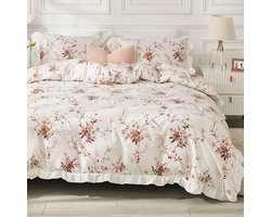 Beddengoed, 135 x 200 cm, 2-delig, wit, bruin, bloemen, ruches, omkeerbaar beddengoed, microvezel, zachte beddengoedsets, romantisch meisjesdekbedovertrek met ritssluiting en kussensloop 80 x80