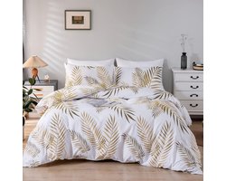 Beddengoed, 135 x 200 cm, goudwit, bladerpatroon, dekbedovertrek, set, 2-delig, zachte microvezel dekbedovertrek met verborgen ritssluiting en kussensloop 80 x 80 cm, bladermotief