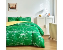 Beddengoed 135 x 200 cm Set 2-delig Groen 1 x Dekbedovertrek 135 x 200 cm en 1 x Kussensloop 80 x 80 cm Microvezel Gemarmerd Wit Marmer Flitspatroon voor eenpersoonsbed met rits Niet-Strijk