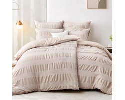 Beddengoed 155 x 220 cm, 4-delig, kaki wit gestreept, microvezel beddengoedsets 155 x 220 cm, 2-delige set van 2 kussenslopen 80 x 80 cm, strijkvrij, knuffelig beddengoed met ritssluiting