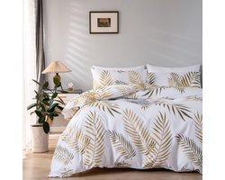 Beddengoed, 155 x 220 cm, goud/wit/bladerpatroon, kleine microvezel dekbedovertrekset met verborgen kabellus en kussensloop 80 x 80 cm, bladermotief