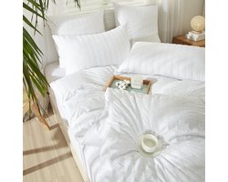 Beddengoed, 155 x 220 cm, wit gestreept, seersucker, zacht ademend microvezel, modern dekbedovertrek set 3-delig met ritssluiting en 2 kussenslopen van 80 x 80 cm
