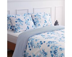 Beddengoed 155x220 katoen blauw omkeerbaar strepen bloemen dekbedovertrek met kussenslopen (155 x 220 cm + 80 x 80 cm)