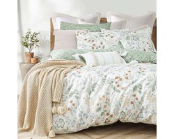 Beddengoed 200 x 200 cm, groen, wit, bladeren, bloemen, patroon, planten, omkeerbaar, beddengoedset, kleurrijk, microvezel, renforcé, dekbedovertrek met ritssluiting en 2 kussenslopen van 80x80