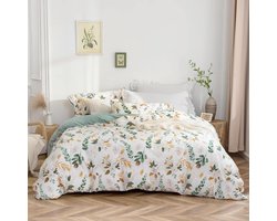 Beddengoed, 200 x 200 cm, katoen, 100% gewassen, plantenpatroon met linnenachtig handvat, ÖkoTex gecertificeerd en geschikt voor mensen met allergieën, 1 dekbedovertrek en 2 kussenslopen 80 x