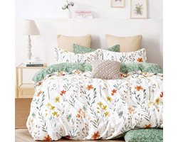 Beddengoed 200 x 220 cm, groen, wit, bladeren, bloemen, patroon, planten, omkeerbaar, beddengoedset, kleurrijk, microvezel, renforcé, dekbedovertrek met ritssluiting en 2 kussenslopen van 80