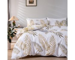 Beddengoed, 200 x 220 cm, wit, gouden bladeren, patroon, dekbedovertrek, 3-delig, microvezel, botanische palmbladeren, beddengoedset, ritssluiting en 2 kussenslopen 80 x 80 cm