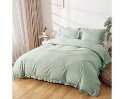 Beddengoed 200x200, ruches beddengoed 3-delig meisjes microvezel beddengoed bloemen met ritssluiting met kussenslopen 80x80 cm, ruches groen