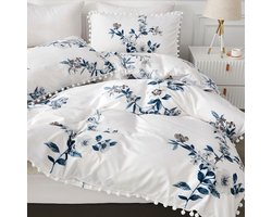 Beddengoed, 220 x 240 cm, 3-delig, wit, blauw, bloemen, pompons, omkeerbaar beddengoed, microvezel, zachte beddengoedsets, romantisch meisjesdekbedovertrek met ritssluiting en 2 kussenslopen,