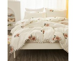 Beddengoed 220 x 240 cm, 3-delig, wit, roze, bloemen, pompons, omkeerbaar beddengoed, microvezel, zachte beddengoedsets, romantisch, dekbedovertrek met ritssluiting en 2 kussenslopen van 80 x