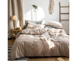 Beddengoed 220 x 240 cm katoenen renforcé kaki taupe effen katoenen beddengoedset, dekbedovertrek voor tweepersoonsbed en 2 kussenslopen 80 x 80 cm, met ritssluiting