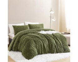 Beddengoed Flanel 135 x 200 cm Winter Warm Flanel Dekbedovertrek Pluizig Fleece Kasjmier Touch Pluche Winter Beddengoed Set met Rits - 135 x 200 cm + 80 x 80 cm Olijfgroen