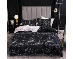 Beddengoed, marmer, 135 x 200 cm, katoen, zwart, wit, grijs, beddengoedset, omkeerbaar dekbedovertrek, 135 x 200 cm + kussensloop 80 x 80 cm, met ritssluiting