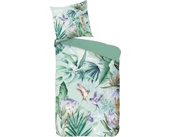 Beddengoed met bloemen, 135 x 200 cm + 80 x 80 cm, tropisch beddengoed voor de lente, salie, mintgroen, bloemenmotief, vogel en bladeren