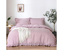 Beddengoed met ruches roze 220 x 200 cm, 3-delig meisje microvezel beddengoed bloemen met ritssluiting met kussenslopen 80 x 80 cm