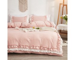 Beddengoed met ruches, roze, 220 x 240 cm, 3-delig, microvezel, beddengoed met ruches, zacht dekbedovertrek met ritssluiting en 2 kussenslopen 80 x 80 cm, voor tweepersoonsbed
