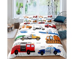 Beddengoed Set Jongens - Dekbedovertrek en Kussensloop met Brandweerwagen & Voertuigen Thema - Enkele Maat