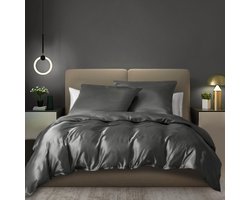 Beddengoed set satijn 135x200cm 2-delig grijs antraciet donkergrijs glanzend zijdeachtig touch dekbedovertrek zijde glad luxe beddengoed glanzend satijn polyester eenpersoonsbed met ritssluiting