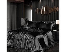 Beddengoed set satijn 200 x 220 cm 3-delig zwart zijdeachtige touch glanzend zijde effen dekbedovertrek set glad luxe zwart beddengoedset zacht tweepersoonsbed met ritssluiting en kussenslopen 80 x 80