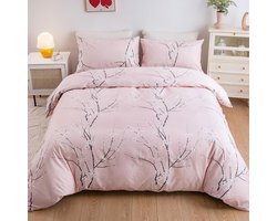 Beddengoed, twijgenpatroon, 155 x 220 cm, roze dekbedovertrek, 2-delig, zachte bloemen, planten, microvezel, beddengoedsets, ritssluiting en kussenslopen 80 x 80 cm, voor eenpersoonsbed