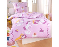 Beddengoed van fijn flanel, 135 x 200 cm, voor meisjes, extra wollig beddengoed, eenhoorn-dekbed, kinderbeddengoed, katoen, knuffelige beddengoedset in eenhoorn, motief: prinses eenhoorn