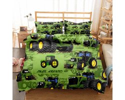 Beddengoed voor baby's en kinderen, tractor, 100 x 135 cm + kussensloop 40 x 60 cm, 3D bedrukte tractoren, jongens, dekbedovertrekken, babybeddengoed, omkeerbare dekbedovertrekset met ritssluiting,