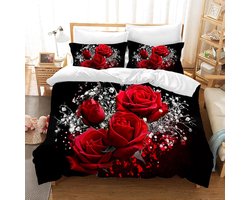 Beddengoed voor meisjes, roze, kleurrijke bloemen, rode roos bedrukt beddengoed, troosterset, 3D romantische bloem, dekbedovertrek, microvezel dekbedovertrek met ritssluiting (Rozen, 200 x 200