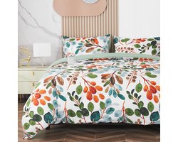 Beddengoedset 100% microvezel met lentetakken en bladerenpatroon, 1 x dekbedovertrek 220x240 cm met 2 x kussenslopen 50x70 cm en ritssluiting, veelkleurig zachtgroen beddengoed modern, groen