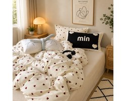 Beddengoedset 135x200 wit met rode hartjes, 2-delig, microvezel, met kussensloop 80x80 cm en ritssluiting