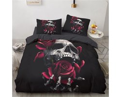 Beddengoedset, 3-delig, van zachte microvezel met ritssluiting, gothic, doodskopmotief met rozen, dekbedovertrek 155 x 220 cm, 2 kussenslopen 80 x 80 cm