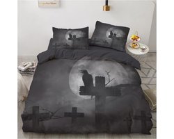 Beddengoedset, 4-delig, van zachte microvezel met ritssluiting, gothic, Halloween, doodskopmotief, 2 dekbedovertrekken 135 x 200 cm, 2 kussenslopen 80 x 80 cm