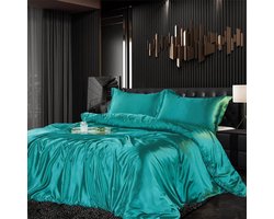 Beddengoedset, satijn, 155 x 220 cm, 3-delig, glanzend groen, zijdeachtig gevoel, zijdeglans, effen, dekbedovertrek, set, glad, luxe beddengoedset, zacht, tweepersoonsbed met ritssluiting