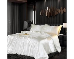Beddengoedset, satijn, 155 x 220 cm, 3-delig, wit, zijdeachtig gevoel, glanzend, zijde, effen, dekbedovertrek, set, glad, luxe, wit, beddengoedset, zacht, tweepersoonsbed met ritssluiting