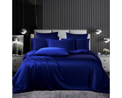 Beddengoedset, satijn, 200 x 200 cm, 3-delig, blauw, zijdeachtig gevoel, glanzend, zijde, effen, dekbedovertrek, set, glad, luxe marineblauw, beddengoedset, zacht, tweepersoonsbed met ritssluiting