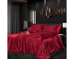 Beddengoedset, satijn, 200 x 220 cm, 3-delig, rood, zijdeachtig gevoel, glanzend, zijde, effen, dekbedovertrek, set, glad, luxe, wijnrood, beddengoedset, zacht, tweepersoonsbed met ritssluiting