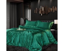 Beddengoedset, satijn, 220 x 240 cm, 3-delig, groen, donkergroen, zijdeachtig, glanzend, zijde, effen, dekbedovertrek, set, glad, luxe beddengoedset, zacht, tweepersoonsbed met ritssluiting