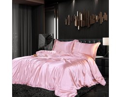 Beddengoedset, satijn, 220 x 240 cm, 3-delig, roze, zijdeachtig gevoel, glanzend, zijde, effen, dekbedovertrek, set, glad, luxe, lichtroze, beddengoedset, zacht, tweepersoonsbed met ritssluiting