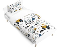 Beddengoedset voor jongens met voertuigen en bouwthema, dekbedovertrekset 120 x 150 cm, microvezel met kussensloop 40 x 60 cm