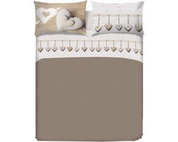Beddengoedset voor tweepersoonsbed van 100% katoen, beddengoed voor tweepersoonsbed 180x200 inclusief onderlaken, bovenlaken en 2 kussenslopen, Made in Italy, beige hangend hartmotief