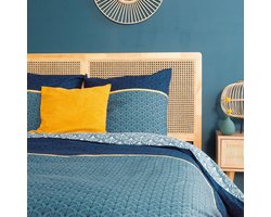 Beddengoedset voor volwassenen - 100% katoen - dekbedovertrek 220 x 240 cm - 2 kussenslopen van 63 x 63 cm - geometrische print - omkeerbaar - blauw - gouden afwerking
