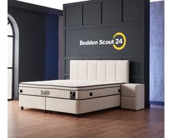 Beddenscout24 Boxspring bed met opbergruimte - 140x200 cm - Wit - Teddy Inclusief 28 cm matras en topper Comfortschuim