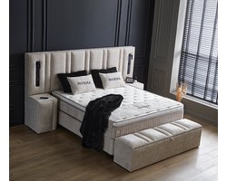 Beddenscout24 Boxspring bed met opbergruimte - 180x200 cm - Beige- Riviera Inclusief 32 cm matras en topper
