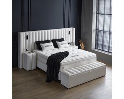 Beddenscout24 Boxspring bed met opbergruimte - 180x200 cm - Wit - Sheraton Inclusief 32 cm matras en topper